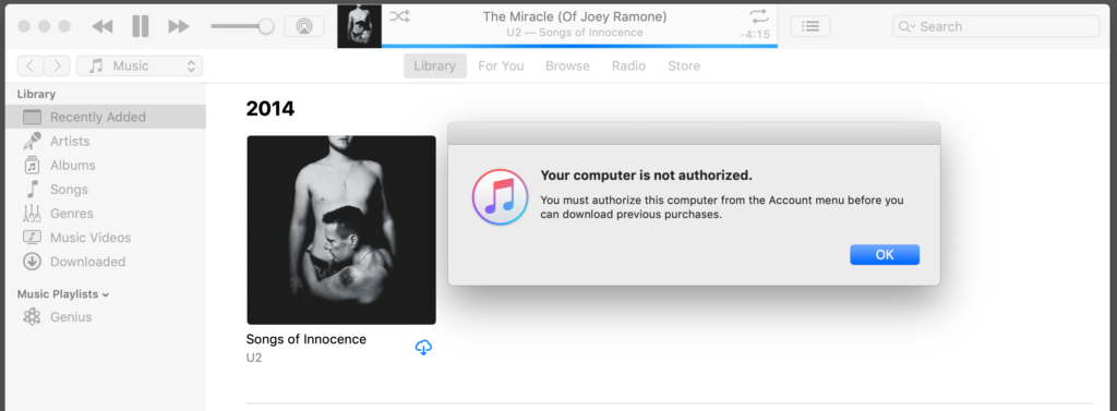 A screenshot of iTunes showing a warning dialog.