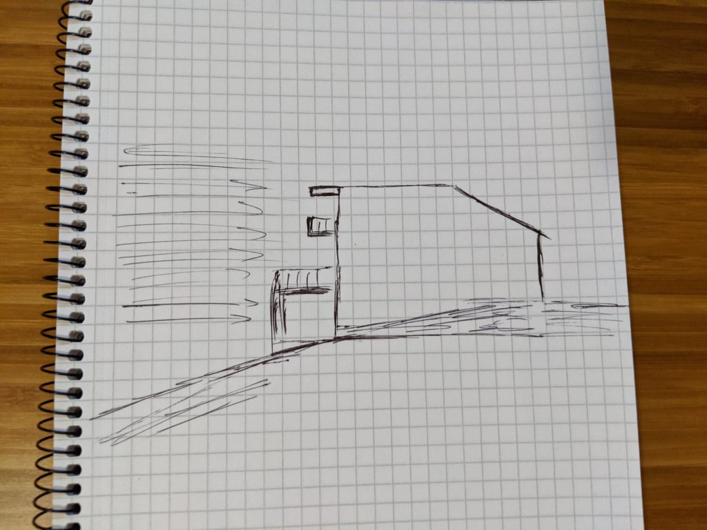 A rough sketch of a house on a hill with arrows representing wind.